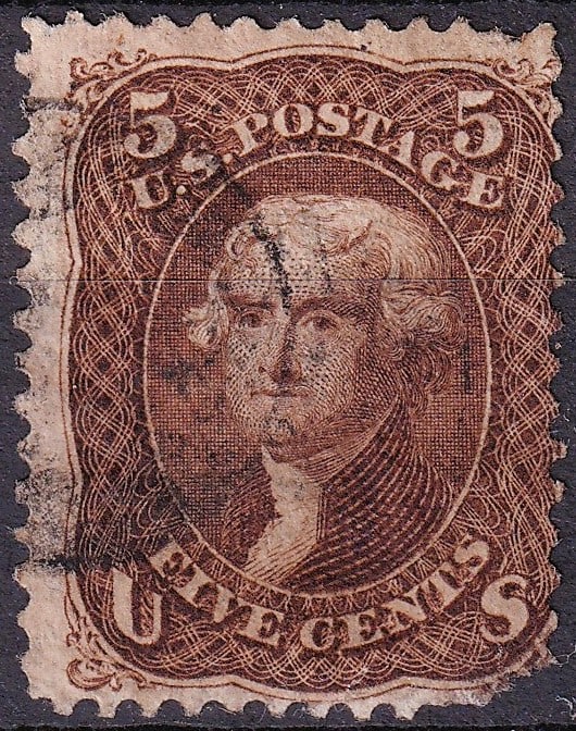 USA 1862 5c Red Brown Jefferson, National Bank Note, Scott 75: This 5 Cents red brown issue of the United States, Scott 75, released on 2 January 1862 and printed by the National Bank Note Company, is one of the most historically significant engraved stamps of th