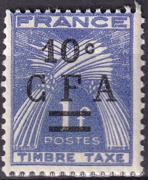 1949 Reunion Postage Due 10c CFA Michel RE P36 Scott J36: This lot presents an original 1949 postage due stamp from Reunion, issued during the early period of CFA franc postal administration in the French overseas territories. The stamp bears a surcharge of 