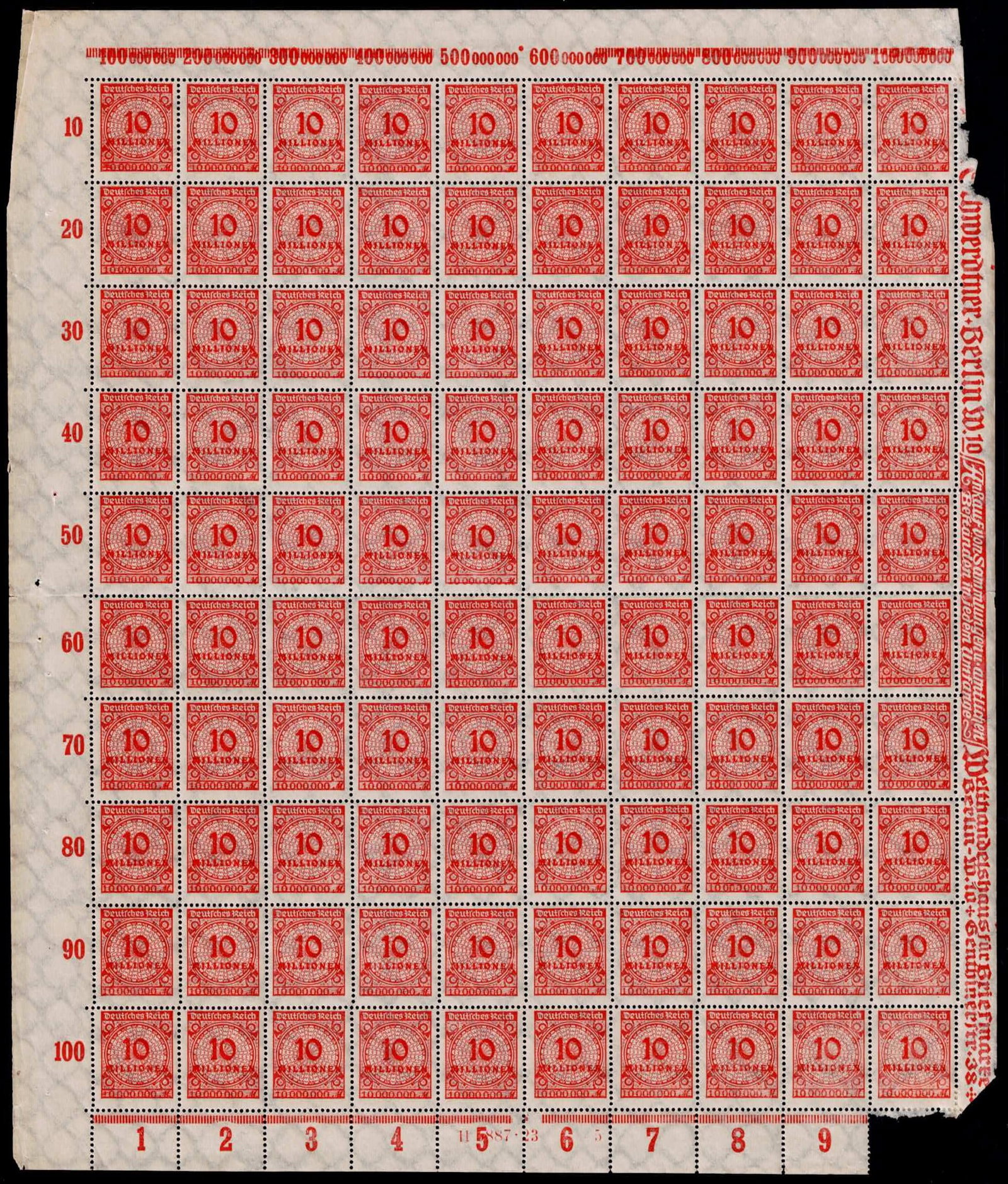 1923 Germany Ten Million Mark Full Sheet Michel DR318BPHT: This complete mint never hinged full sheet of the 1923 Germany Ten Million Mark definitive identified as Michel DR318BPHT represents one of the late emergency printings of the hyperinflation period, i