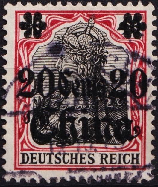 1908 German Offices in China, 20 c OVP carmine, Ca Tientsin, Sc CHI 51: This 1908 issue from the German Imperial Post Offices in China features a striking black overprint reading "China" and "20 Cents" on a 20 Pfennig carmine stamp depicting the allegorical female figure 