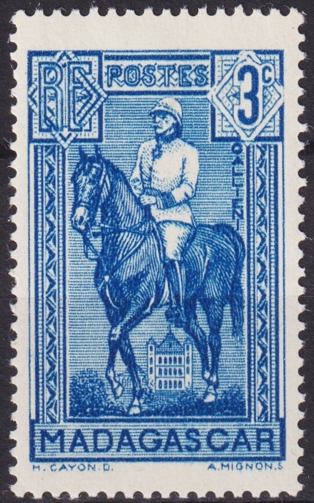 French Madagascar 1940 Gallieni on Horseback 3c Blue Scott MG 180: Issued in 1940 during the French colonial administration, this 3 centimes stamp from Madagascar depicts General Joseph Gallieni (1849–1916), the French officer renowned for his role in colonial expa