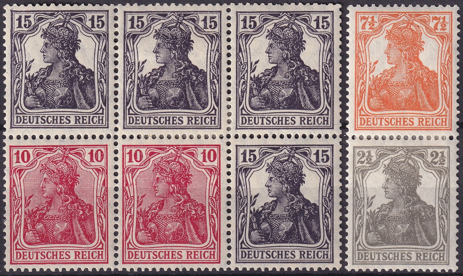 Germany 1916 1919 Germania Definitives Multiples Scott 98 99 100 101: This attractive group of Germania definitives from Germany presents a set of multiples issued between 1916 and 1919 during the final years of the First World War and the early Weimar transition period