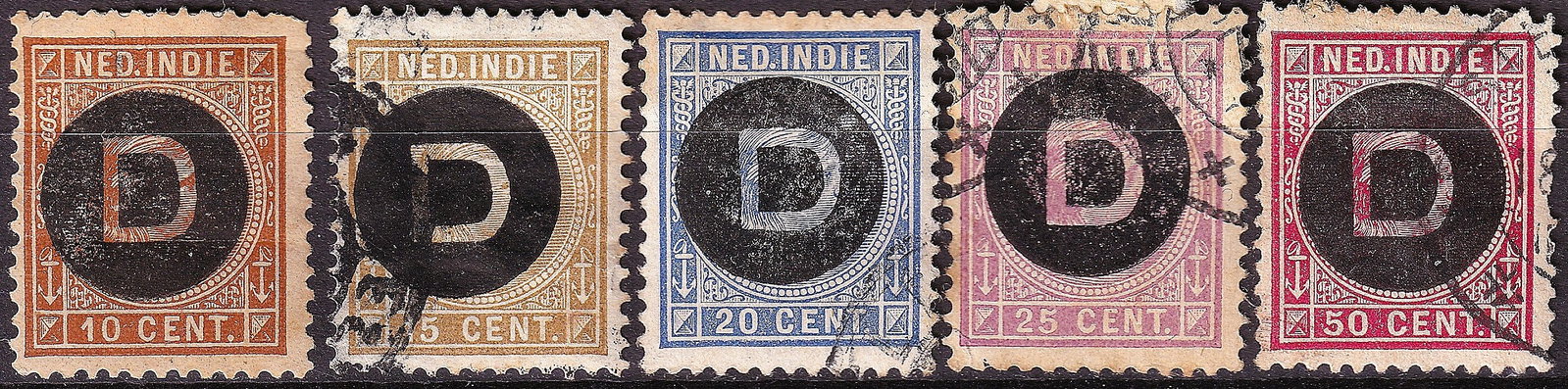 1911 Netherlands Indies Scott O21-O26 Official D Overprint Set: Netherlands Indies 1911 Official stamps complete group, Scott O21–O26, consisting of five values 10c, 15c, 20c, 25c and 50c, each overprinted with the distinctive bold “D” for Dienst indicat