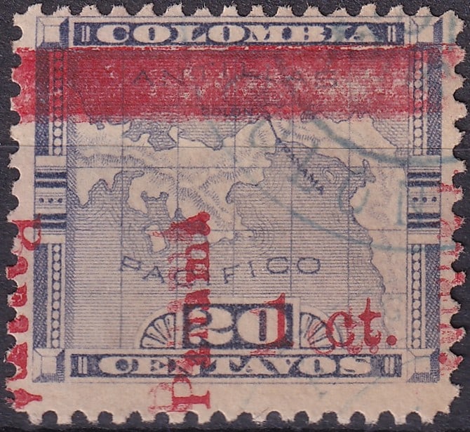 1906 Panama Map Issue Overprint Error Double Print 1c Michel PA 65DD: This rare postage stamp originates from Panama and was issued in 1906 during the formative years of the republic following separation from Colombia. The stamp belongs to the Map of Panama issue and is