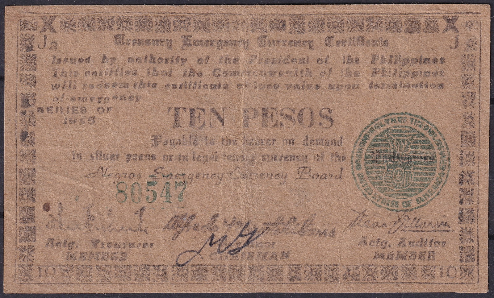 1943 Philippines Negros Oriental Emergency Note 10 Pesos P S663: This 1943 ten pesos emergency note was issued by the Province of Negros Oriental during the wartime currency shortages that marked the later stages of the American Commonwealth period in the Philippin