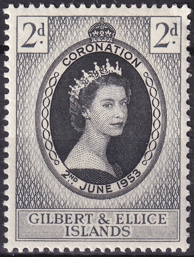 British colonial 1953 Gilbert and Ellice Islands Coronation 2d Scott GB GE 60: This 1953 Gilbert and Ellice Islands 2 pence commemorative stamp was issued to celebrate the coronation of Queen Elizabeth II on 2 June 1953 and forms part of the highly regarded British Commonwealth 