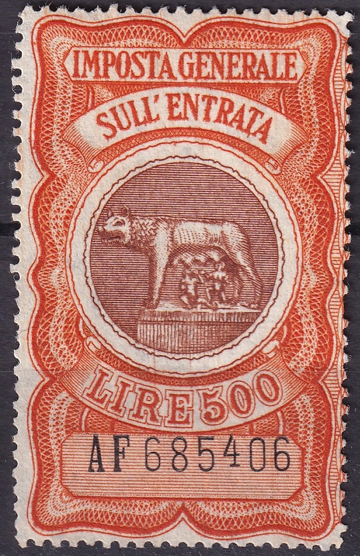 Italy 1959 Revenue Turnover Tax Wolf and Dea Roma Lire 500 Unificato IGE134a: This Italian revenue stamp was issued in 1959 as part of the Imposta Generale sull’Entrata turnover tax series and represents one of the most iconic allegorical motifs of Italian state symbolism, de