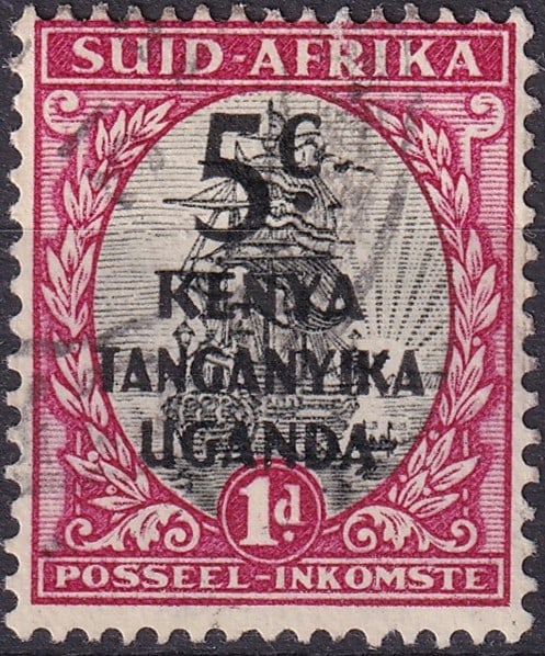 1941 East Africa Kenya Uganda Tanganyika Scott EA 86b 5c Overprint: Issued on 1 July 1941 for use in British East Africa, this definitive stamp represents a wartime provisional overprint created for the postal administrations of Kenya Uganda and Tanganyika. The stamp 