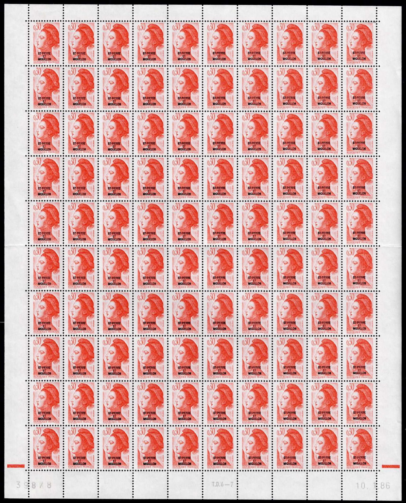 1986 Saint Pierre and Miquelon Liberty 30 Centimes MNH Sheet Scott PM 456: This complete mint never hinged sheet from Saint Pierre and Miquelon was issued on 4 February 1986 as part of the overprinted Liberty of Gandon definitive series, adapting the classic Marianne design 
