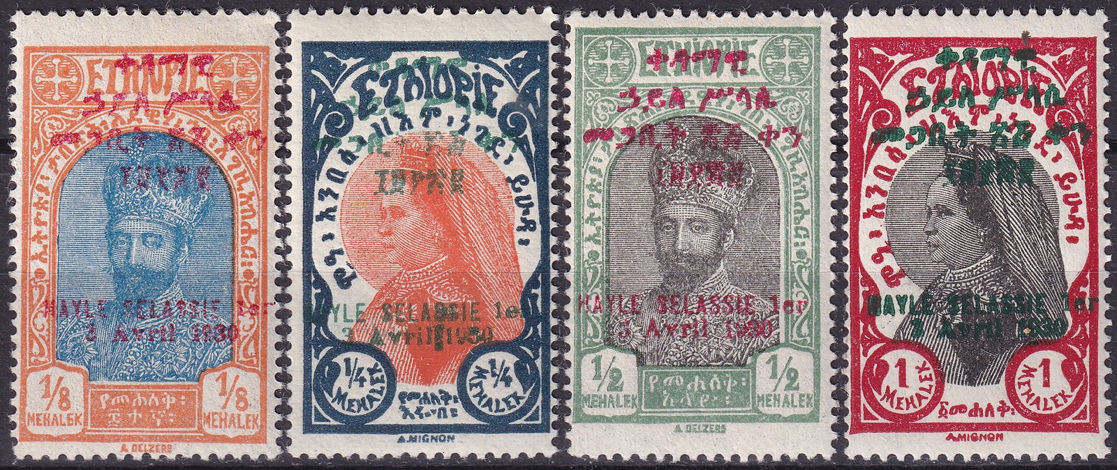 1930 Ethiopia Selassie I Proclamation Scott ET 180 181 182 183: Issued on 3 April 1930, this rare mint never hinged commemorative quartet from Ethiopia marks the Proclamation of Emperor Selassie I and represents one of the most historically significant philatelic 