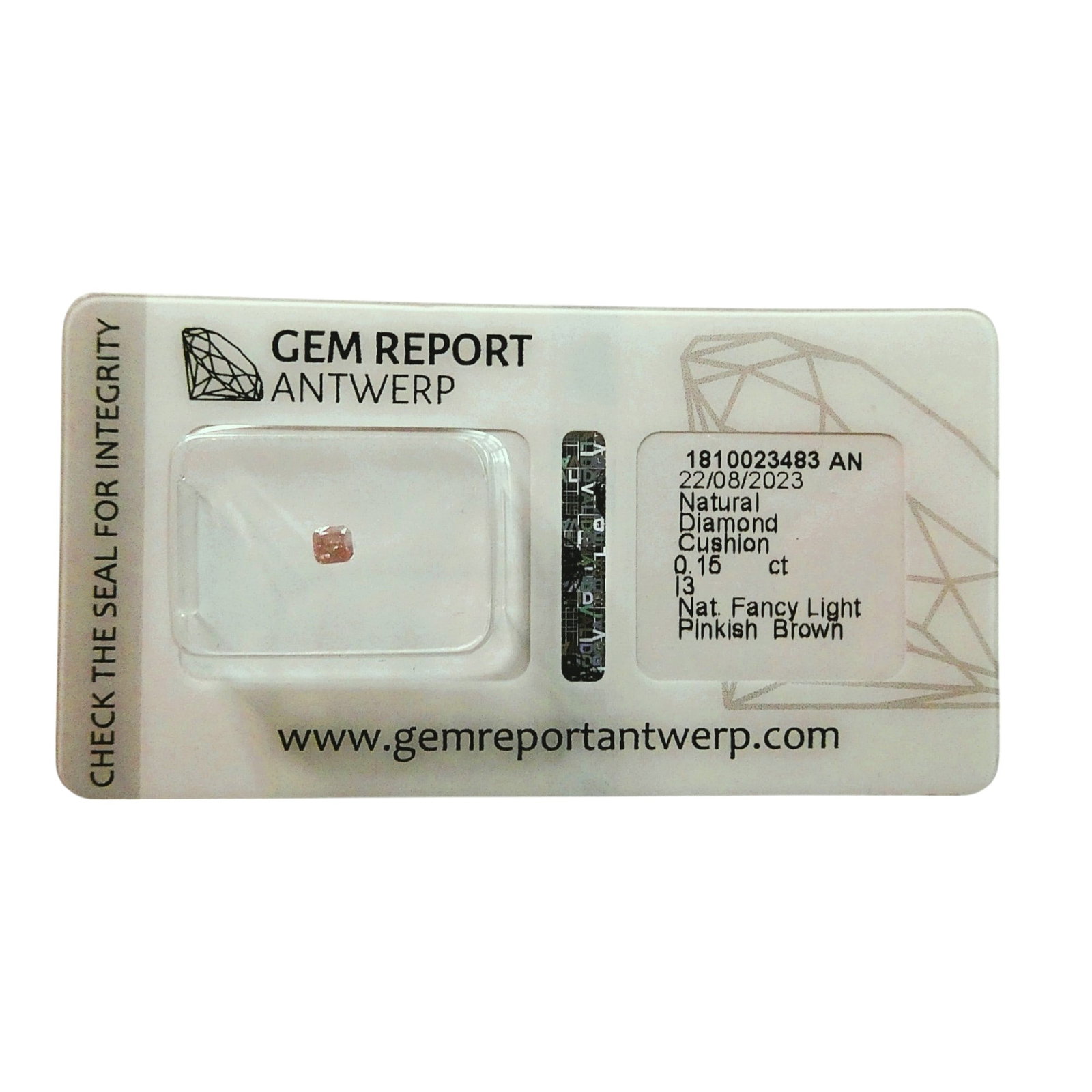 2023 Antwerp Natural Fancy Light Pinkish Brown Diamond 0.16 ct: This certified natural diamond from Antwerp presents an attractive cushion cut that highlights its warm Fancy Light Pinkish Brown color and subtle interior fire, offering an elegant and collectible st