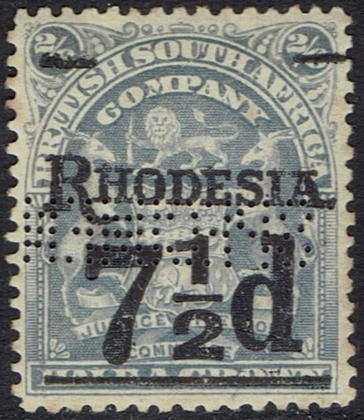 1909 Rhodesia 7½d BSAC Overprint SPECIMEN Perfinned MNH Rare: Issued in 1909, this scarce 7½ Pence definitive represents one of the earliest postal issues of Rhodesia, created by overprinting the stamps of the British South Africa Company with the inscrip