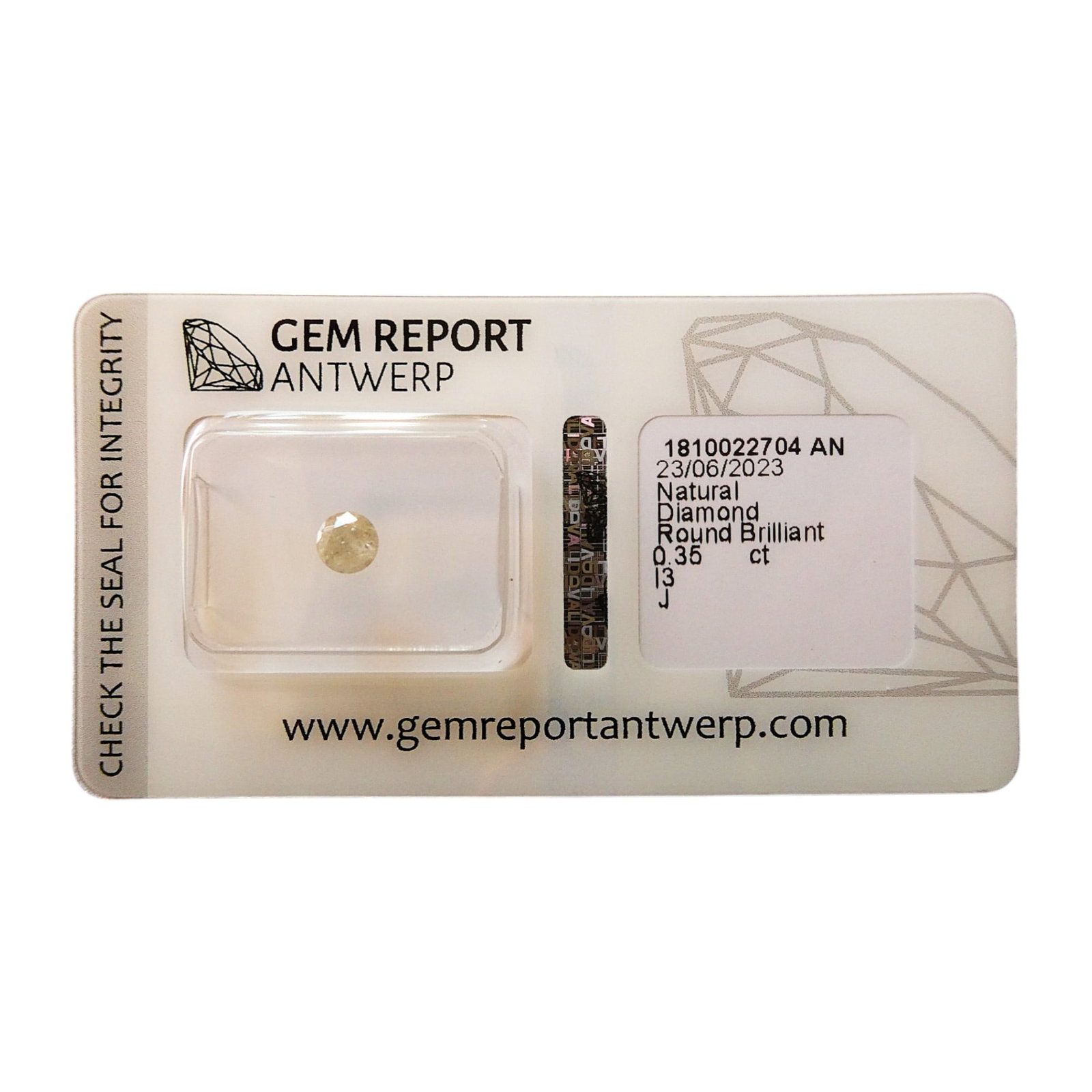 Antwerp certified natural diamond, 0.35 ct, Round Brilliant, I3/J: Certified by Gem Report Antwerp on June 23, 2023, this natural round brilliant diamond weighs 0.35 carats and displays a J color grade, indicating a near-colorless stone with a faint yellow tint. Its 