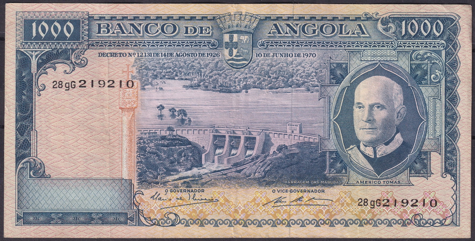1970 Portuguese Angola 1000 Escudos Banco de Angola Pick 098 Serial 28GC219210: Issued in 1970 by Banco de Angola, this 1000 Escudos banknote represents a significant high denomination from the late Portuguese colonial period in Angola, shortly before independence. The note is pr