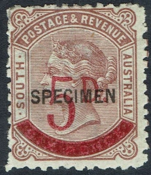 1891 South Australia Scott 95 SG 230 5d SPECIMEN Queen Victoria: Issued in 1891, this distinguished 5 Pence definitive from the British colony of South Australia bears the official SPECIMEN overprint, identifying it as a presentation copy prepared for distribution 