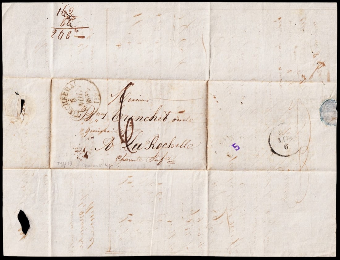 1801 Commercial Folded Letter, Einbeck to La Rochelle, Manuscript 6, Chan DE-FR: This folded commercial letter was sent from Einbeck, Germany, to La Rochelle, France, in 1801, addressed to "Monsieur Brunet Franchet oncle" with the notation "grosser grossiste" indicating a wholesal