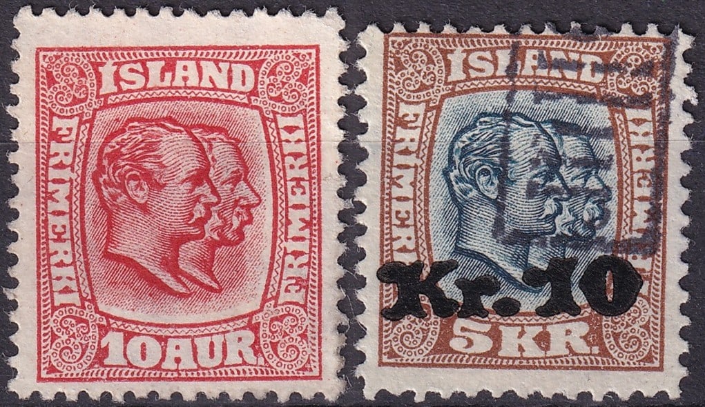 1916 Danish administration Iceland Scott 104 10aur and 1930 Scott 150a OVP 10kr: Iceland under Danish administration, two related issues representing an important transitional period in Icelandic postal history. The first stamp, Scott 104 issued in 1916, is the 10 aur carmine defi