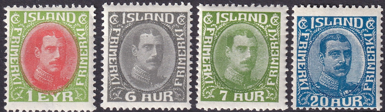 1920 Iceland Christian X Set Scott 108 118 179 180 MNH: An appealing and well-composed group of Icelandic definitives issued under Danish rule, featuring King Christian X and spanning the early and redrawn issues between 1920 and 1933, catalogued as Scott 