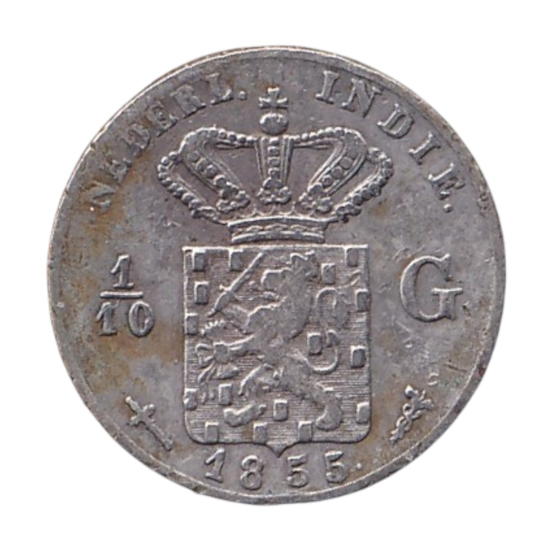 1855 Netherlands East Indies 1 10 Gulden KM304 Silver: A scarce and historically significant fractional silver coin from the Netherlands East Indies, dated 1855 and catalogued as KM304. This 1/10 gulden issue was struck at the Royal Dutch Mint in Utrecht 