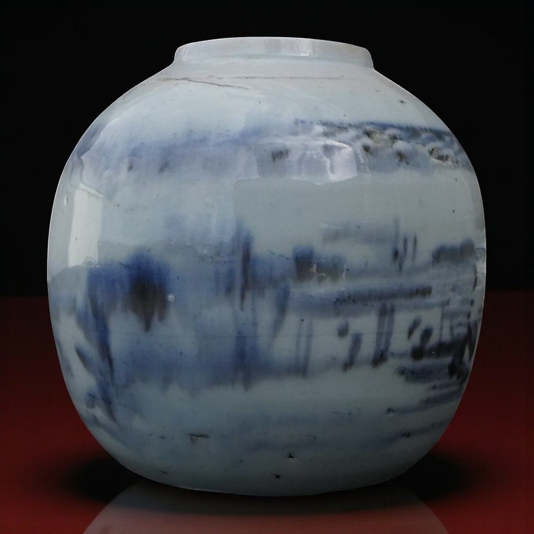 Transitional Period Blue and White Porcelain Jar with Abstract River Scene, ca. 1640: This rare Chinese blue and white porcelain jar dates to the Transitional Period, circa 1640, a time of artistic innovation bridging the late Ming and early Qing dynasties. Measuring 12.5 cm in height 