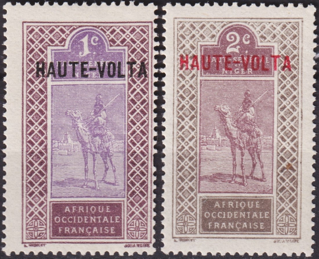 French 1920 Upper Volta Overprints on French West Africa, 1c & 2c Camel Rider, Scott 1–2: Issued in December 1920, these are the very first postage stamps of Upper Volta (today Burkina Faso). They were created by applying the overprint “HAUTE-VOLTA” in black (1 centime) and red (2 