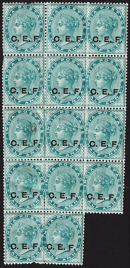 China 1900 British C.E.F. Overprint ½a Queen Victoria Block of 14, Scott M2: A scarce mint never hinged block of 14 stamps issued in 1900 for use by the British China Expeditionary Force (C.E.F.) during the Boxer Rebellion. This issue consists of the ½ Indian anna Queen