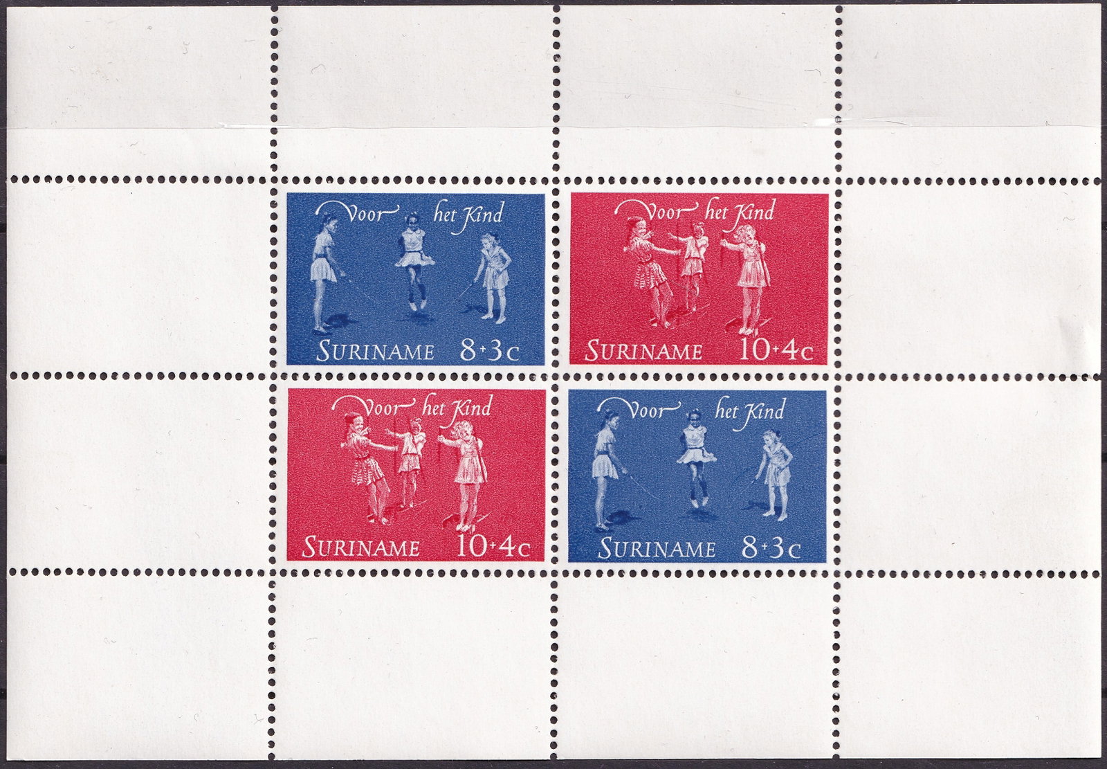 1964 Suriname Child Welfare Souvenir Sheet Scott B109a MNH: This appealing semi-postal souvenir sheet from Suriname, issued on November 30 1964, forms part of the continuing Child Welfare series and reflects the strong mid-20th century tradition of using phila
