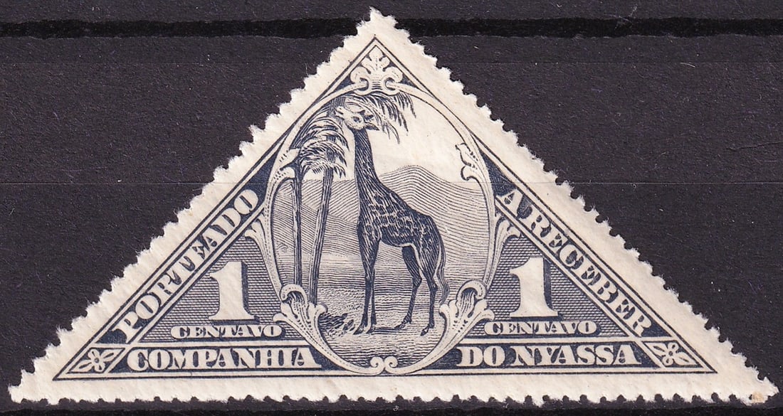 1924 Nyassa Postage Due Scott J2 1c Giraffe Triangle MNH Colonial: A striking and highly collectible triangular postage due stamp from the Portuguese colonial territory of Nyassa, issued in 1924 and catalogued as Scott J2. This 1 centavo value was printed by Waterlow
