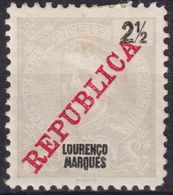 Portuguese Lourenço Marques 1911 King Carlos I Overprint REPUBLICA, Scott PT-LM 77: Issued in Lourenço Marques (present-day Maputo, Mozambique) in 1911, this rare colonial issue features King Carlos I of Portugal from the 1898–1903 definitive series, overprinted diagonally in red 
