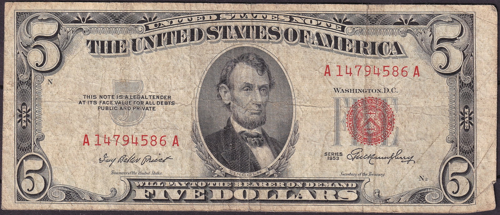 US 1953 United States Five Dollars Red Seal Note A14794586A Lincoln: Classic United States Legal Tender banknote issued in the Series of 1953 featuring the portrait of President Abraham Lincoln. This five dollar note belongs to the well known Red Seal Legal Tender seri