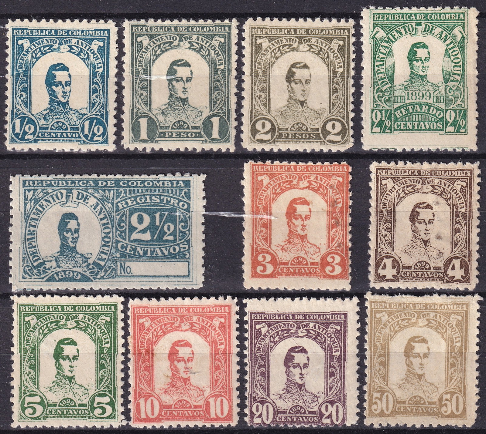 Colombia Antioquia 1899 Registration Stamp Set MNH: This remarkable set of registration and postage stamps issued in 1899 by the Department of Antioquia, Colombia, represents one of the last provincial issues before the consolidation of Colombian phila