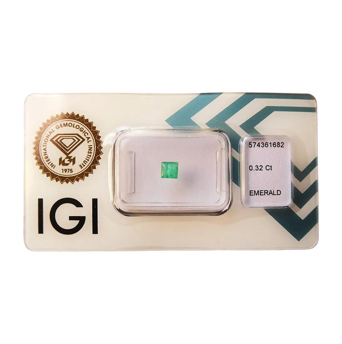 IGI Certified 0.32 ct Emerald, Bluish Green, Square Cut, Colombia: This natural emerald weighing 0.32 carats is certified by the International Gemological Institute (IGI) under report number 574361682, dated April 26, 2023. The gem features a square emerald cut measu