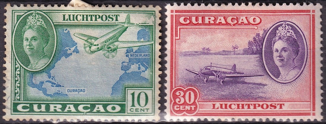 1942 Curacao Scott C18 C22 Airmail Queen Wilhelmina Aircraft Issue (1 of 2)