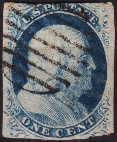 1852 U.S. 1c Blue, Franklin Type IV, imperf, Scott 9, grid cancel: This classic 1852 1 cent imperforate stamp from the United States features a finely engraved portrait of Benjamin Franklin in rich blue. Issued as part of the Series of 1851?1857, this is a Type IV va