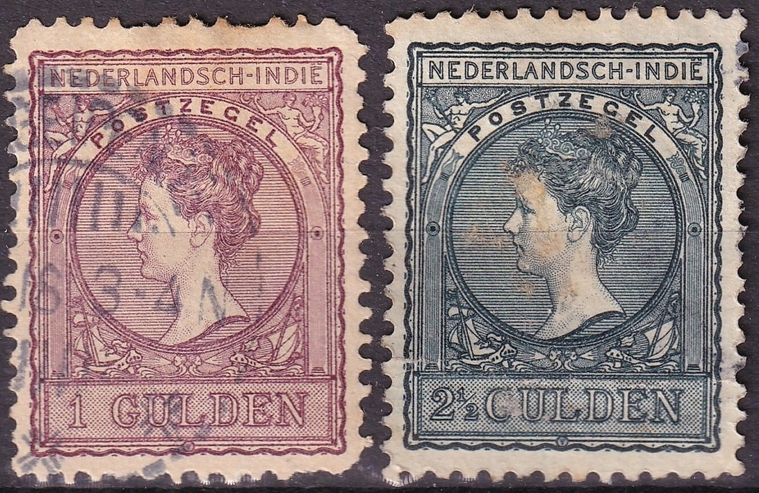 1906 1912 Netherlands Indies Scott 59 62a High Value Pair: An attractive high-value pair from the Netherlands East Indies featuring Queen Wilhelmina, including Scott 59 (1 Gulden, issued 1906) and Scott 62a (2½ Gulden, issued 1912), both from the well-