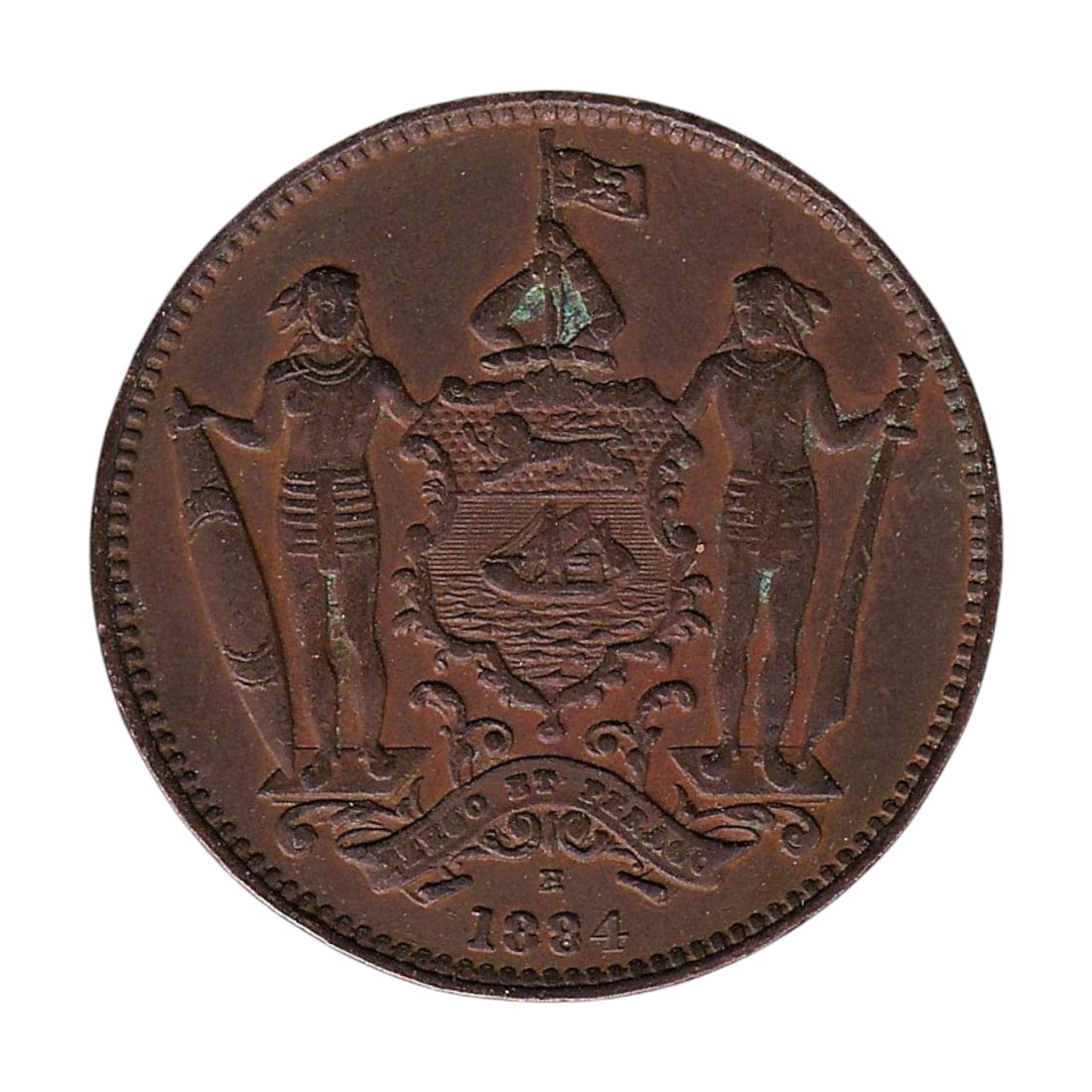 1884 British North Borneo 1 Cent KM2 Heaton Mint Issue: A bronze 1 Cent coin issued in 1884 for the British North Borneo Company, struck at the Heaton Mint in Birmingham. This type, produced between 1882 and 1907, reflects the early monetary system establi