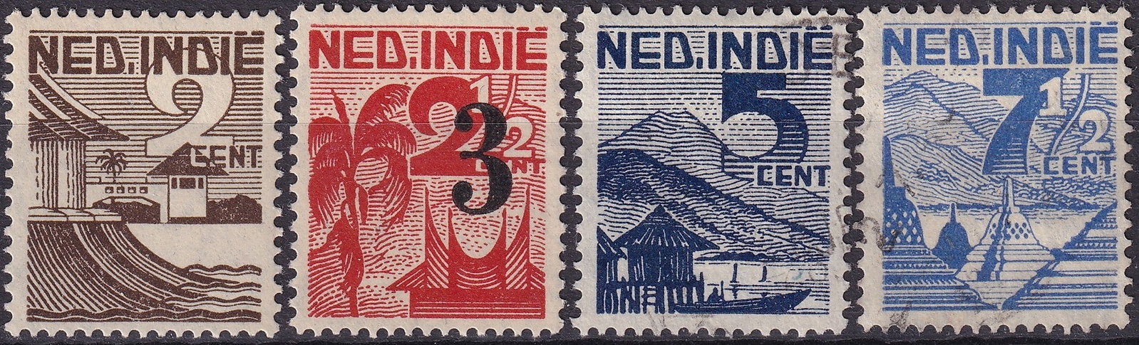 1946 Netherlands Indies SG485 502 487 488 Landscape Set MNH Stamps: A visually striking and historically significant group of Netherlands Indies landscape definitives issued between 1946 and 1947, catalogued as SG485 SG502 SG487 and SG488, representing key low denomin