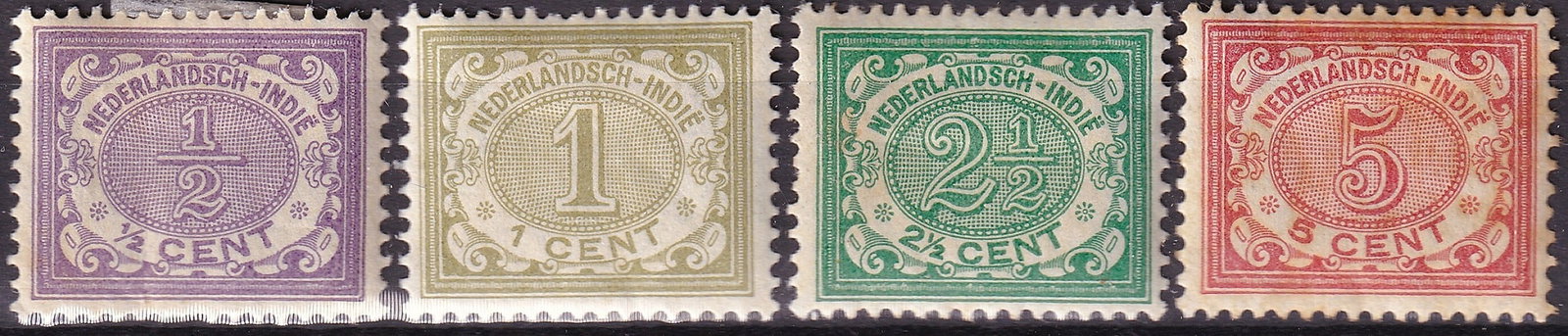 1902 Netherlands Indies Numeral Set Scott 38 to 44 MH Vürtheim Issue: A classic and attractive early 20th century definitive group from the Dutch East Indies, this 1902 numeral series designed by J. Vürtheim represents the first issue of its type and is catalogued with