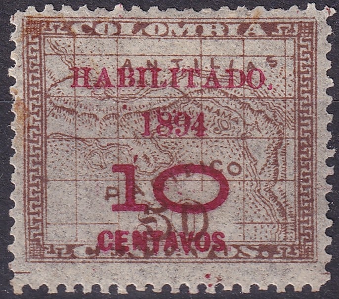 1894 Panama Map Overprint 10c Centavos Scott PA 29: This original postage stamp from Panama issued in 1894 represents an important provisional period in the country’s early postal history, featuring the Map of Panama design with red surcharge. The st