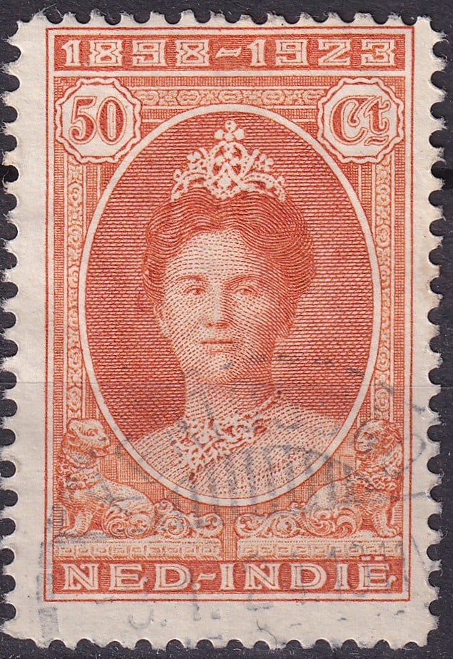 1923 Dutch East Indies 50c Queen Wilhelmina Orange – Scott NL-IN 154 VF Used: Attractive 1923 commemorative issue from the Dutch East Indies, featuring a finely engraved portrait of Queen Wilhelmina within a decorative oval flanked by Asian guardian lions, inscribed "NED-INDIË