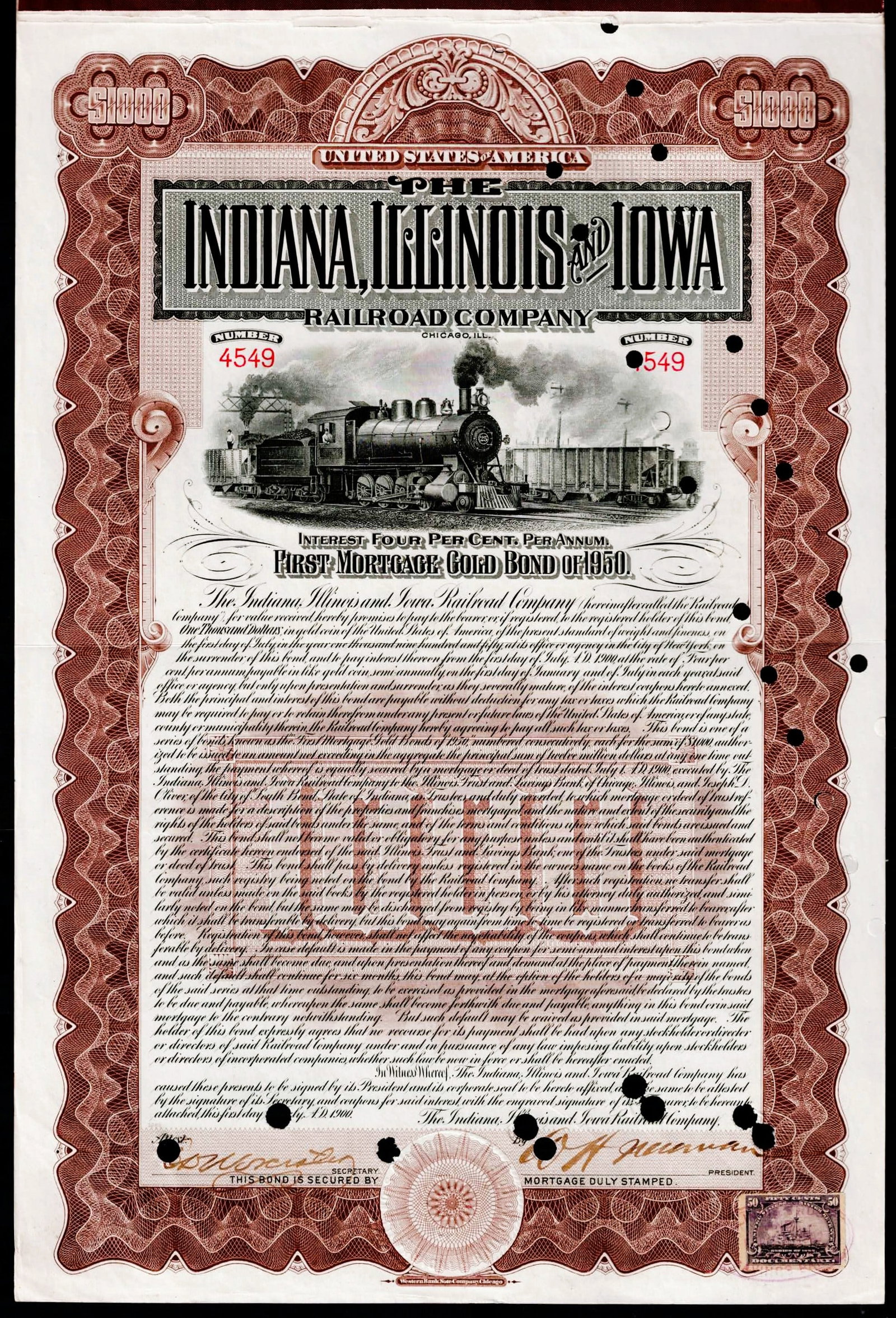 1950 USA Indiana Illinois and Iowa Railroad 1000 Gold Bond No 4549: This original First Mortgage Gold Bond issued in 1950 by the Indiana Illinois and Iowa Railroad Company represents a denomination of 1,000 with an annual interest rate of 4 percent, payable semiannual