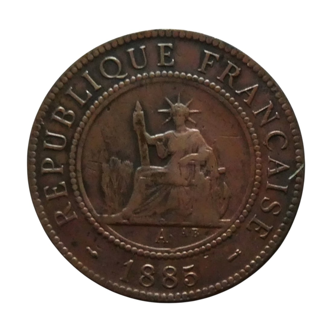 1885 French Cochinchina 1 Cent Piastre Bronze N11300: Colonial bronze coin issued for French Cochinchina, part of present day Vietnam, during the period of the French Third Republic. This one cent coin dated 1885 belongs to the early colonial monetary sy