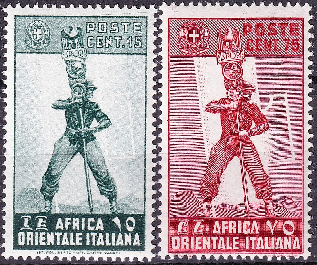 1938 Italian East Africa Scott IT-EA 5 11 Legionnaire MNH Pair: A visually striking mint never hinged pair from Italian East Africa issued in 1938, featuring the iconic “Legionnaire planting a Roman banner” design, symbolizing the ideological and imperial 