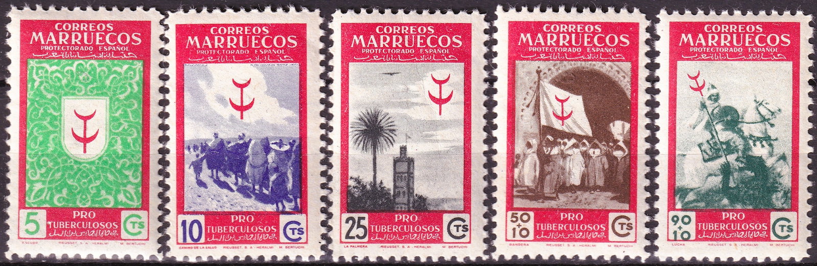 1949 Spanish Morocco Scott ES-MA 277 279 B25 B26 Tuberculosis MNH Set: A complete mint never hinged Anti-Tuberculosis semi-postal and airmail set from Spanish Morocco issued in 1949, reflecting both colonial administration and public health initiatives within the Spanish