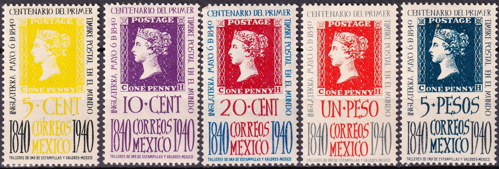 Mexico 1940 Scott 754-758 Centenary Penny Black Set MNH: Issued on May 6, 1940, this attractive five-value commemorative set from Mexico celebrates the centenary of the world’s first adhesive postage stamp, the legendary British Penny Black of 1840. The s