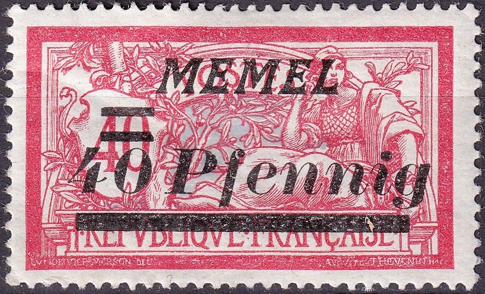 1922 Memel 40pf Stamp Scott KL67 Michel KL60 Merson Issue MH: A striking and historically important definitive issue from the Memel Territory, released on January 3, 1922, during the transitional period following World War I when the region was administered unde