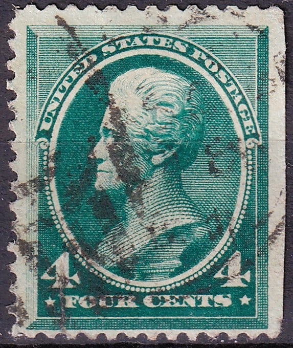 1883 USA 4c Green Jackson Scott 211 Used Classic Banknote Issue: A classic United States Bank Note issue, this 1883 4 cent stamp featuring President Andrew Jackson is catalogued as Scott 211 and forms part of the American Bank Note Company’s definitive series iss