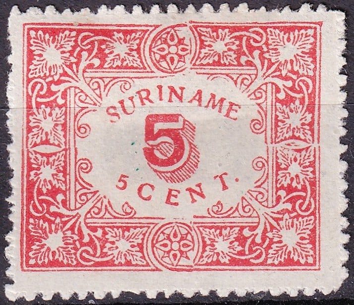 Surinam 1909 Scott 62 Michel SR 64C 5ct Red VF MH: Issued in March 1909 for the Dutch colony of Surinam, this attractive 5 cent definitive belongs to the classic “Digit in an Ornamented Frame” series, a typographic issue recognized for its ele