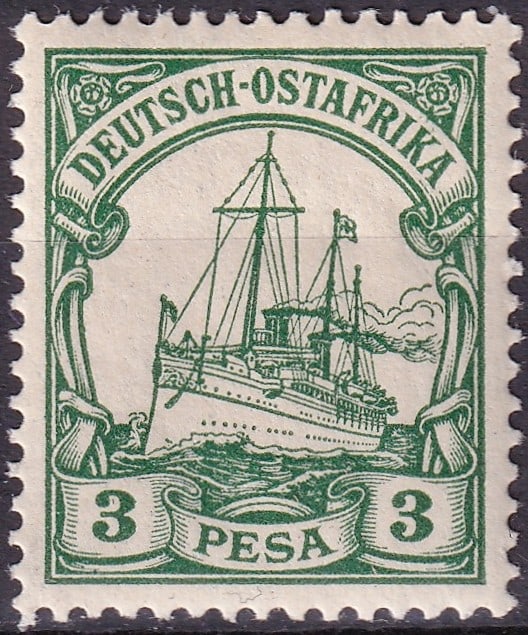 1901 German East Africa Yacht 3 Pesa Scott DR-OA 12 MNH: A classic early issue from the German East Africa Yacht series, issued in January 1901 and catalogued as Scott DR-OA 12 (Michel DR-OA 12, Stanley Gibbons DR-OA 16). This 3 pesa value belongs to the fi