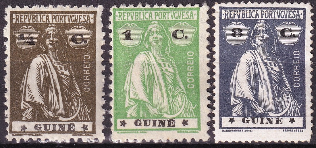 1914 1922 Portuguese Guinea Ceres Scott 148 160 162 MH Colonial: A scarce and attractive trio from Portuguese Guinea featuring the iconic Ceres definitive design, issued during the early 20th century colonial period. This group includes Scott 148 (8 centavos, issue